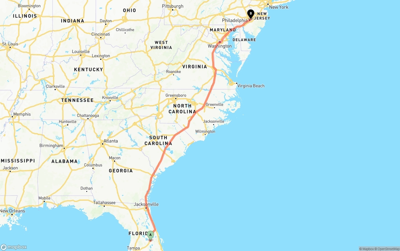Shipping route from Orlando to Port of Philadelphia