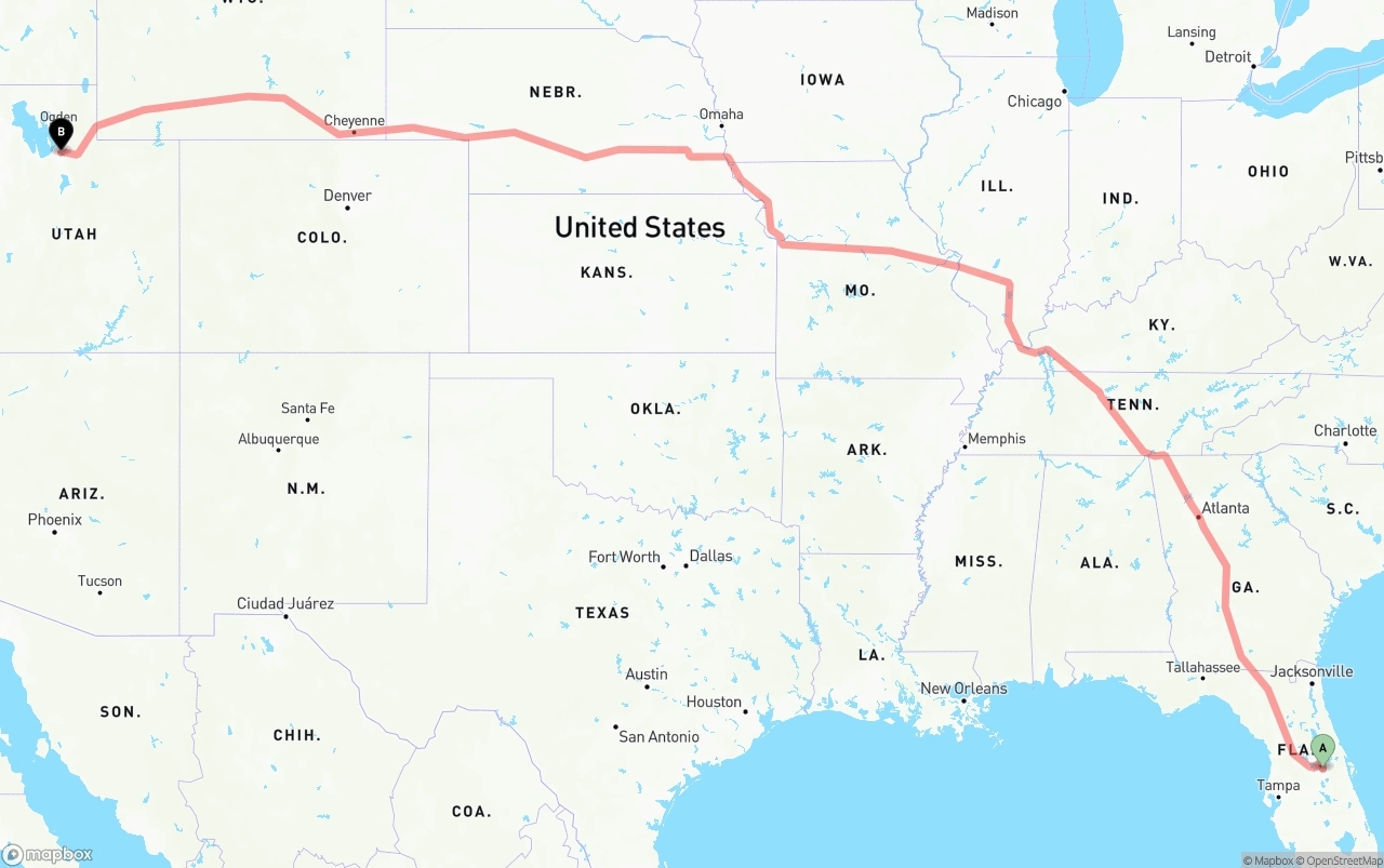 Shipping route from Orlando to Salt Lake City
