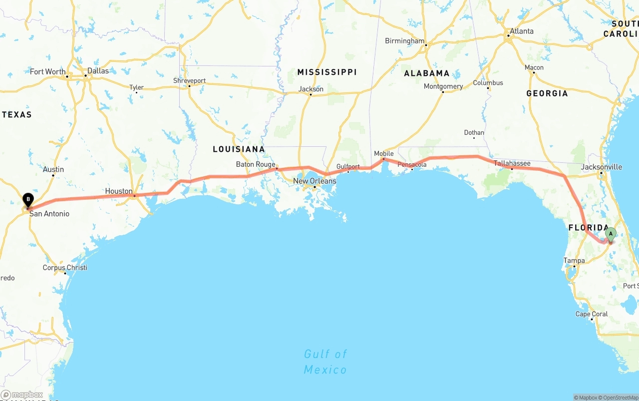 Shipping route from Orlando to San Antonio