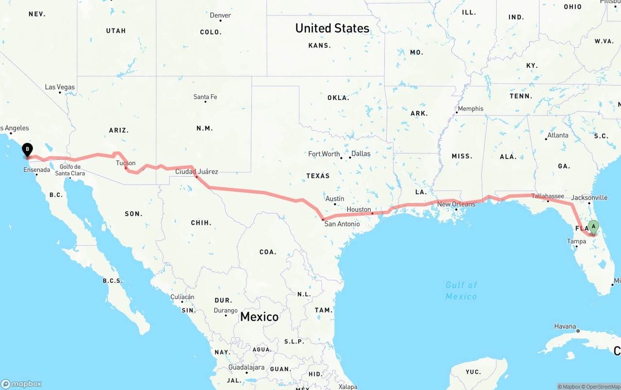 Shipping route from Orlando to San Diego International Airport