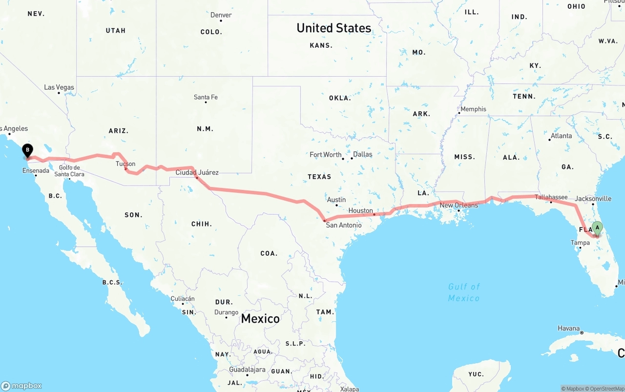 Shipping route from Orlando to San Diego