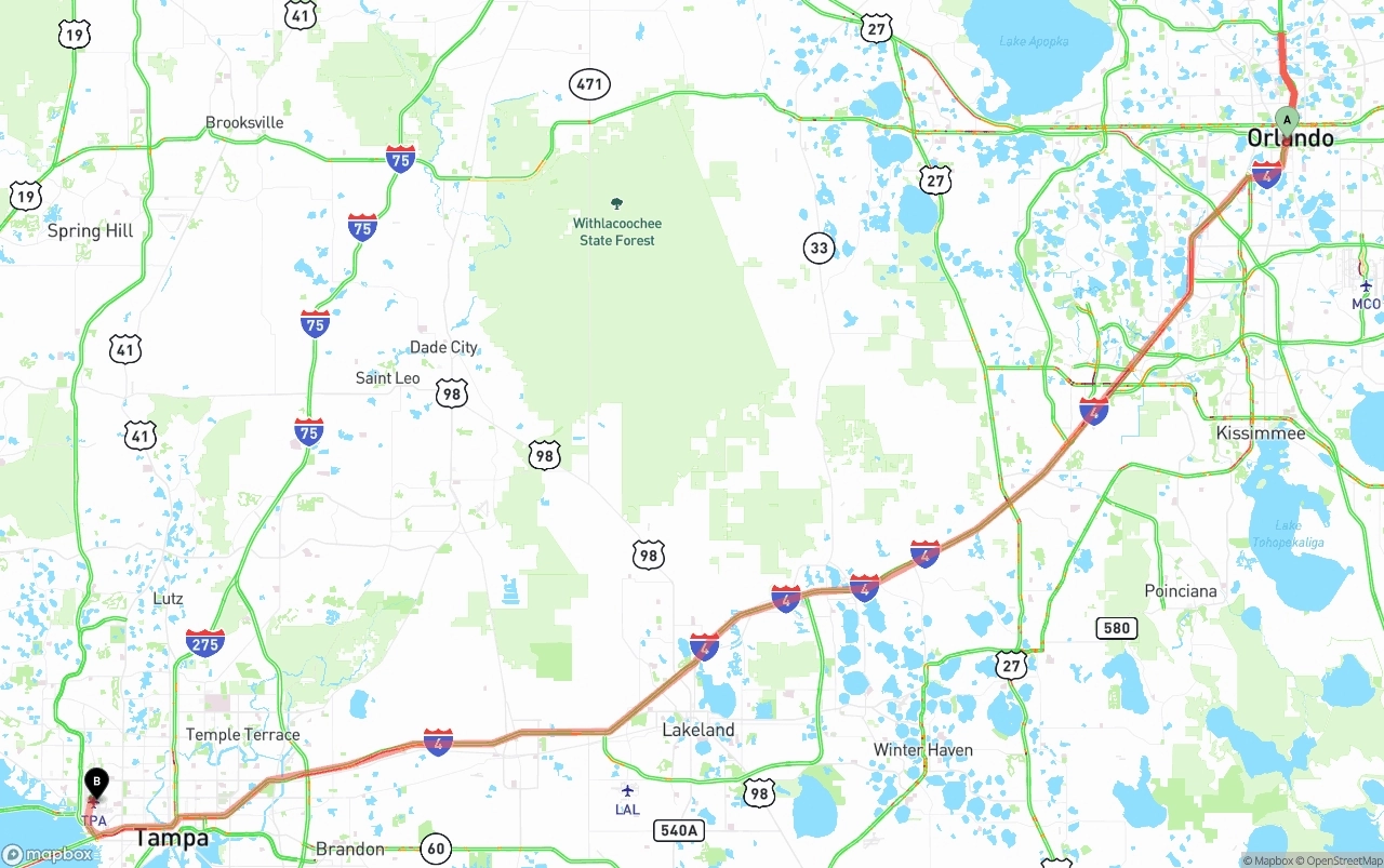 Shipping route from Orlando to Tampa International Airport