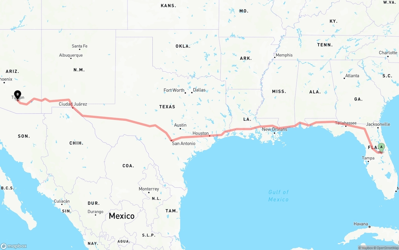 Shipping route from Orlando to Tucson