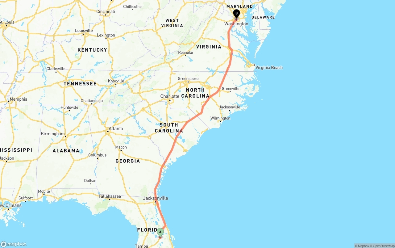 Shipping route from Orlando to Washington D.C.