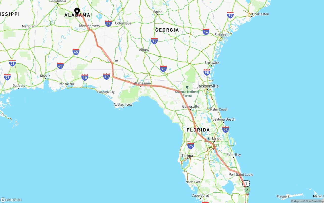 Shipping route from Palm Beach International Airport to Alabama