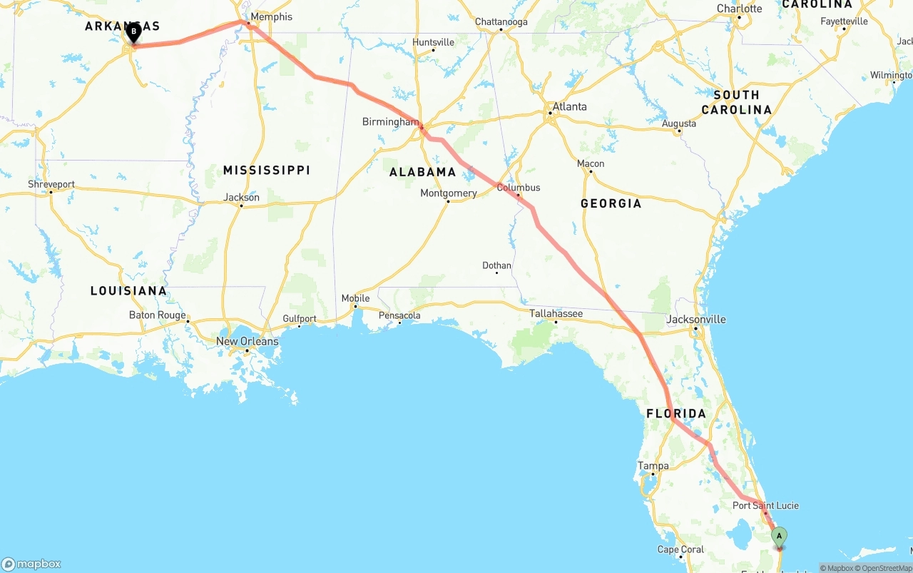 Shipping route from Palm Beach International Airport to Arkansas