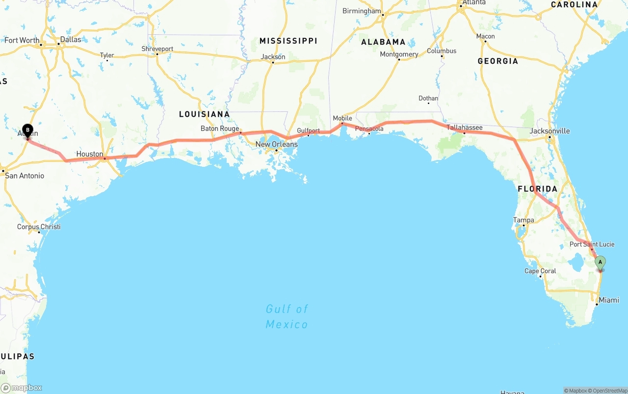 Shipping route from Palm Beach International Airport to Austin