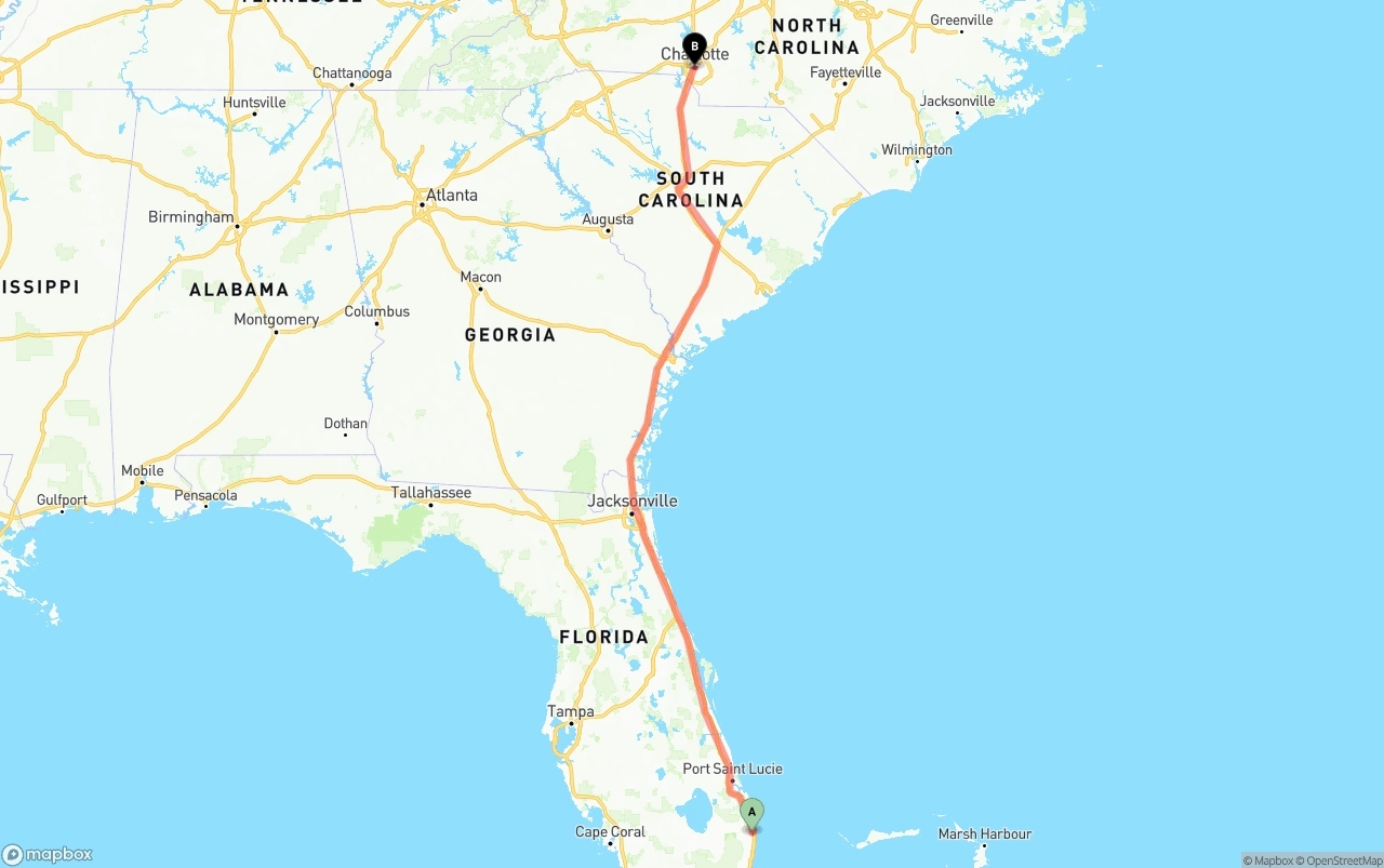 Shipping route from Palm Beach International Airport to Charlotte