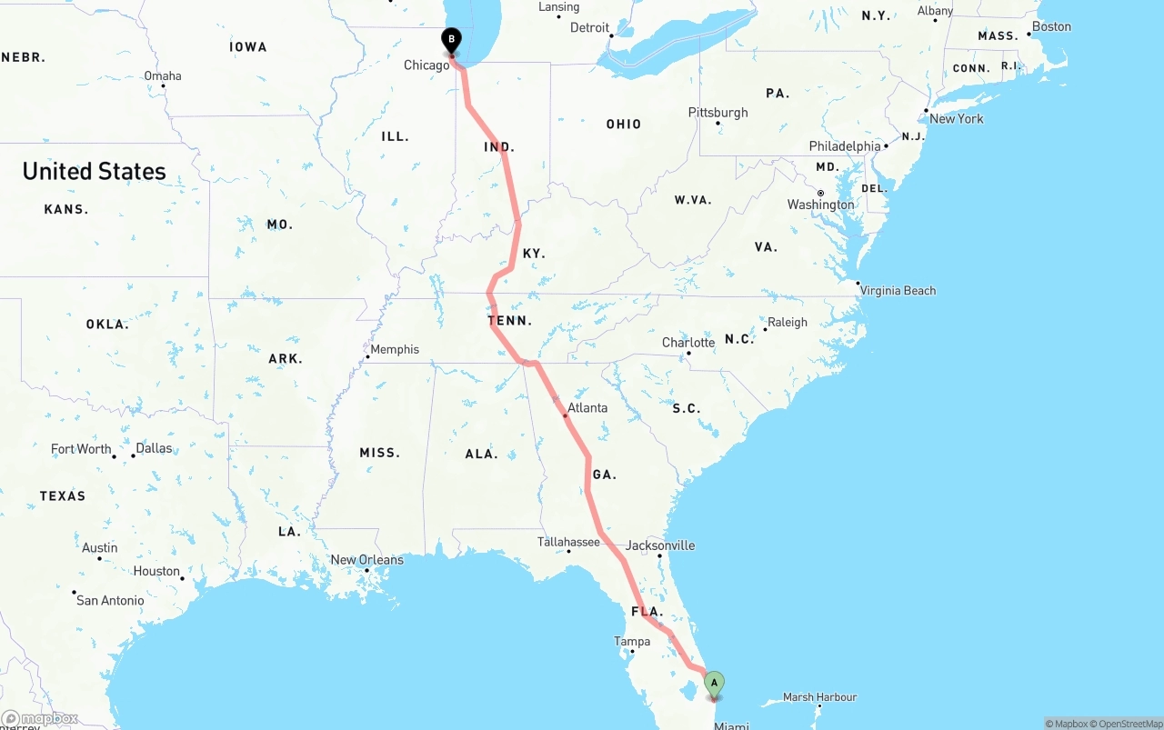 Shipping route from Palm Beach International Airport to Chicago
