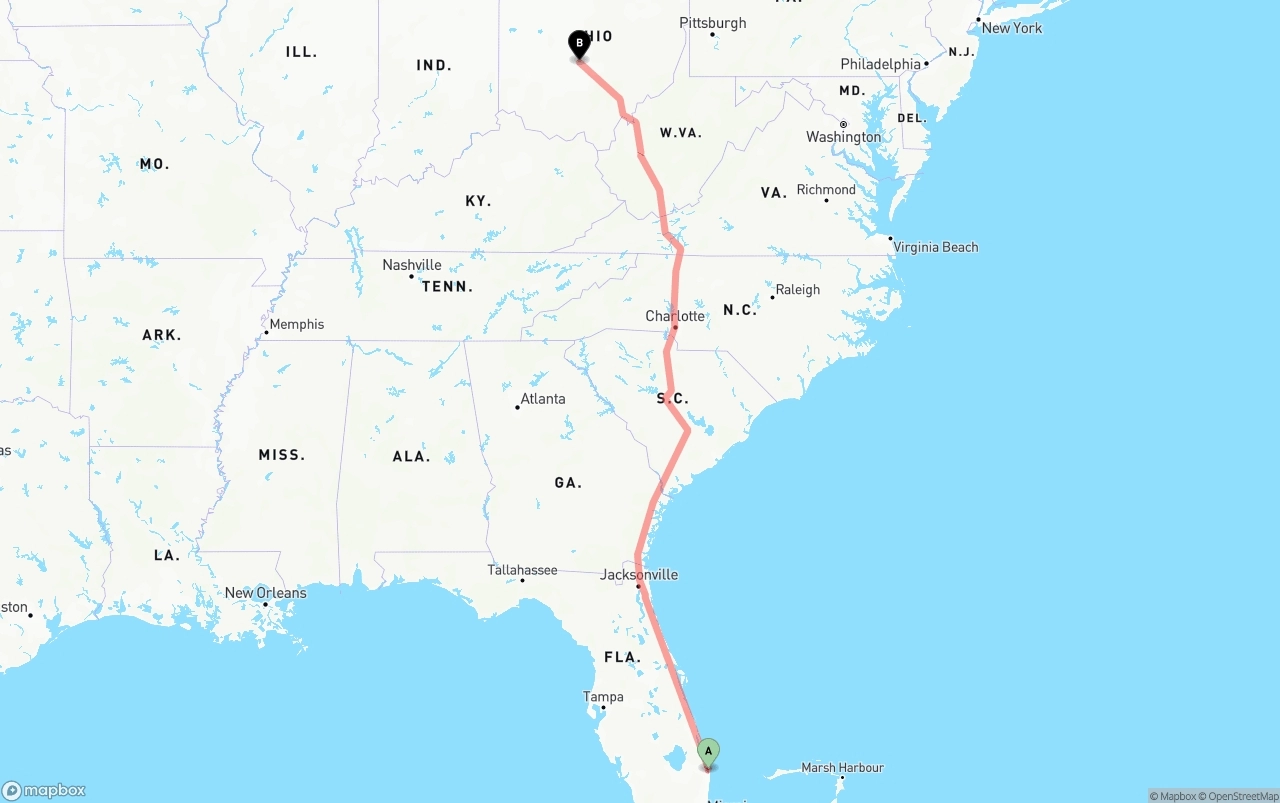 Shipping route from Palm Beach International Airport to Columbus