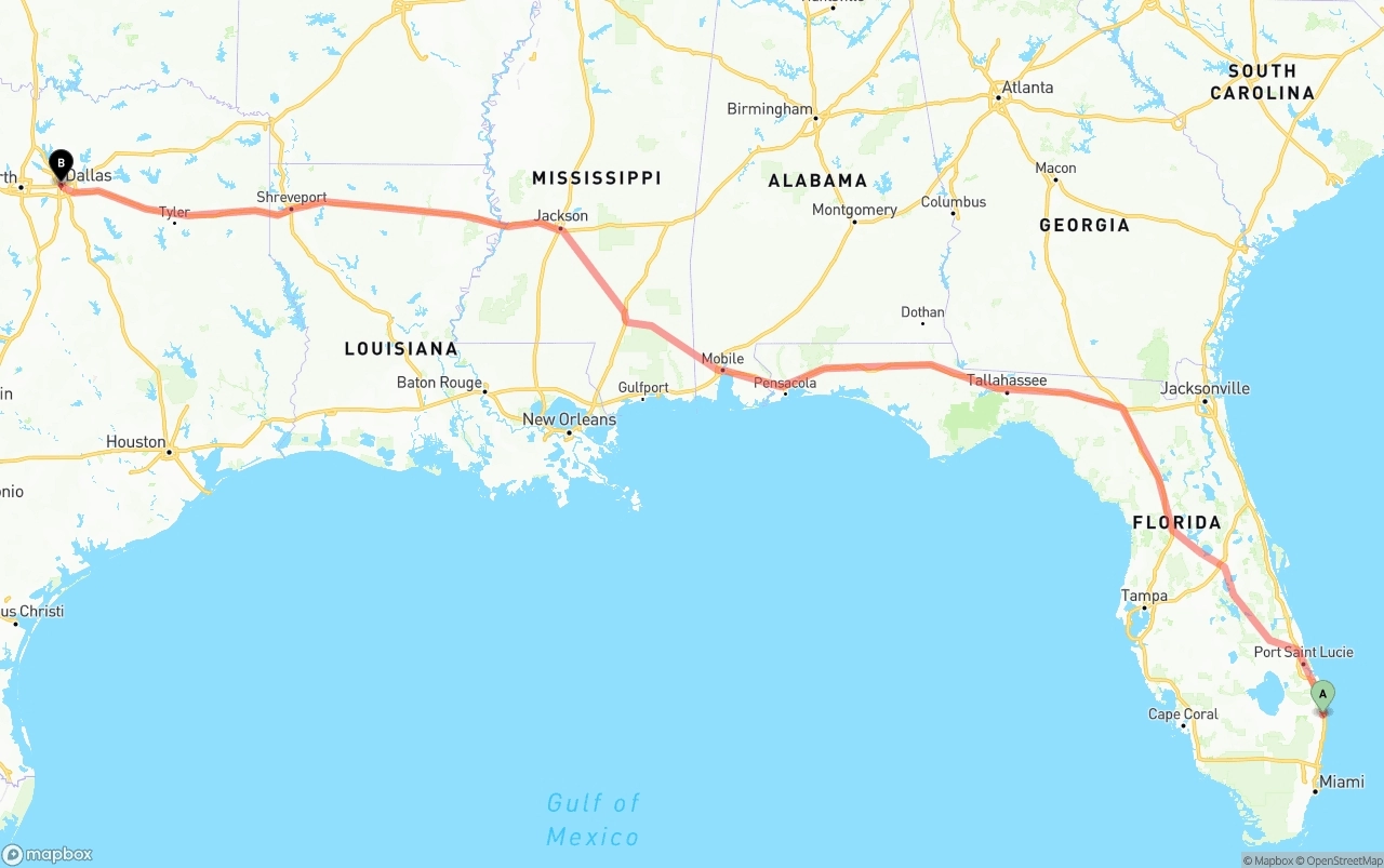 Shipping route from Palm Beach International Airport to Dallas