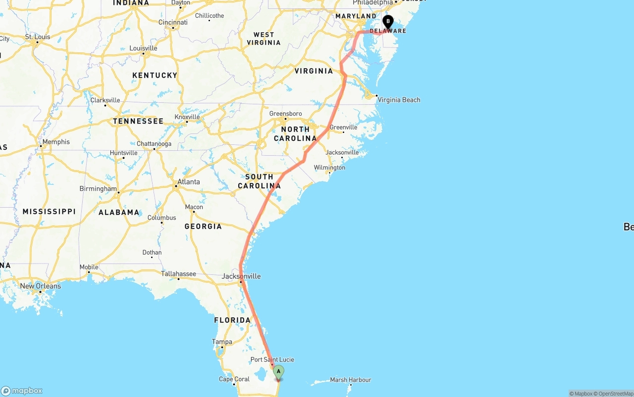 Shipping route from Palm Beach International Airport to Delaware