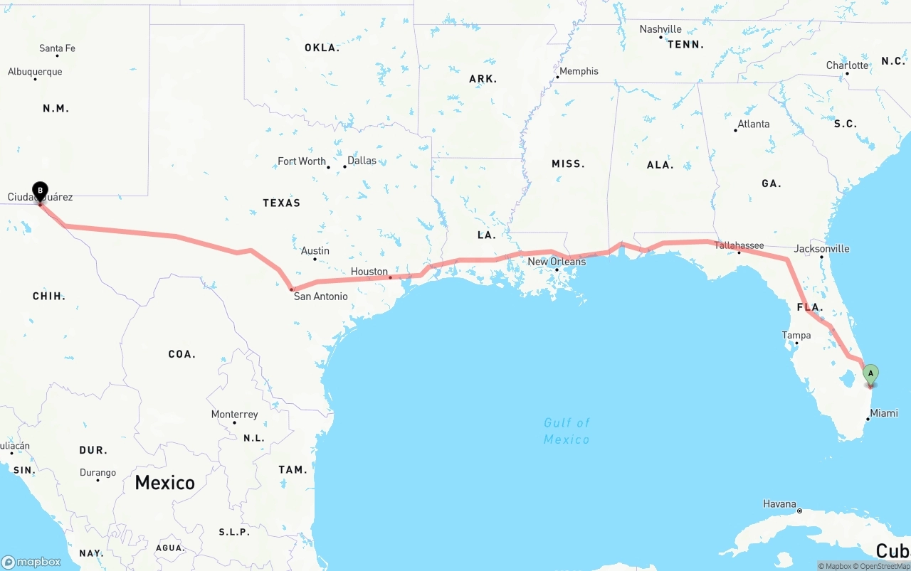Shipping route from Palm Beach International Airport to El Paso