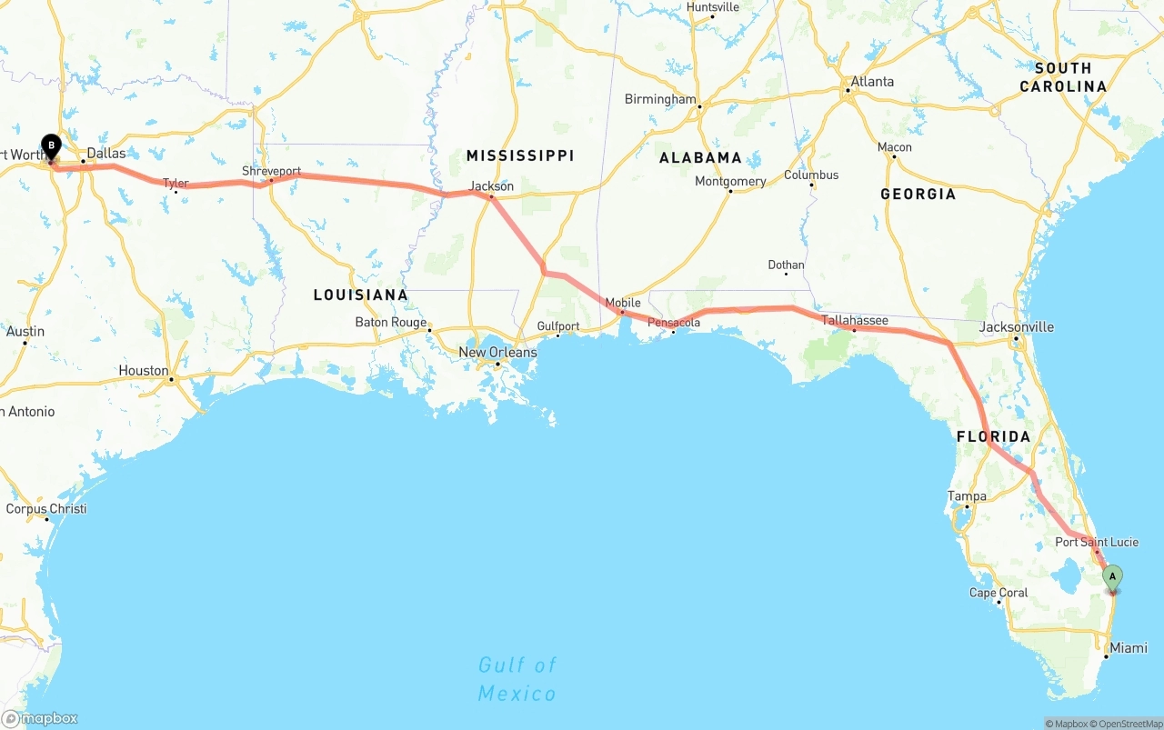 Shipping route from Palm Beach International Airport to Fort Worth