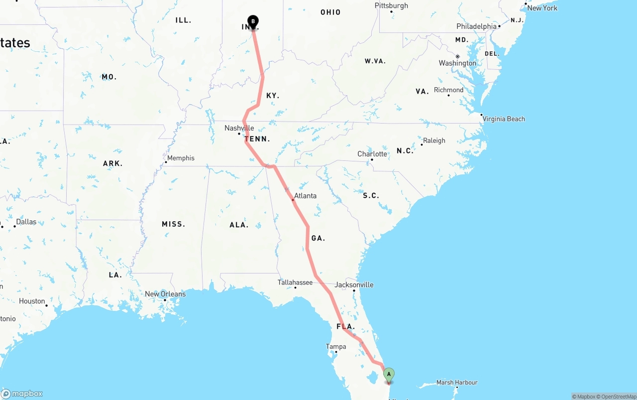 Shipping route from Palm Beach International Airport to Indianapolis