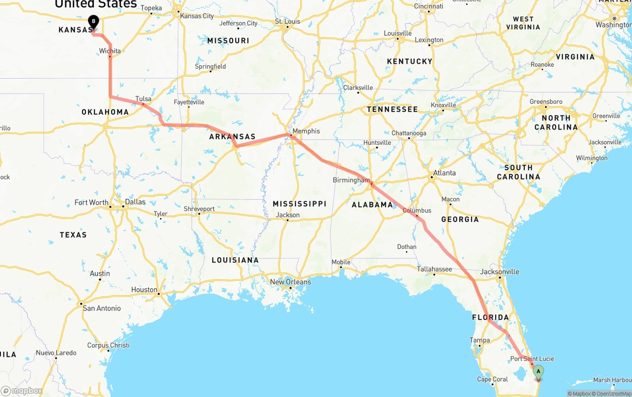 Shipping route from Palm Beach International Airport to Kansas