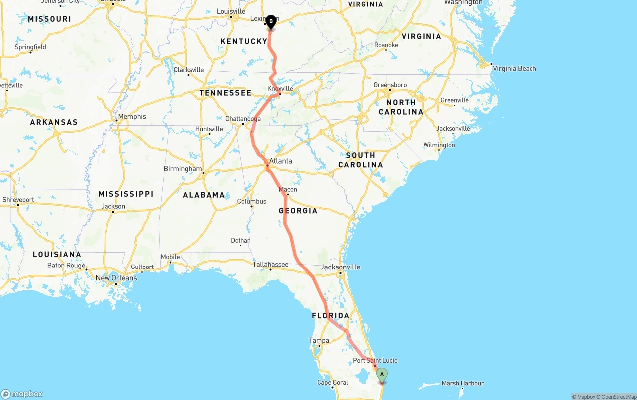 Shipping route from Palm Beach International Airport to Kentucky