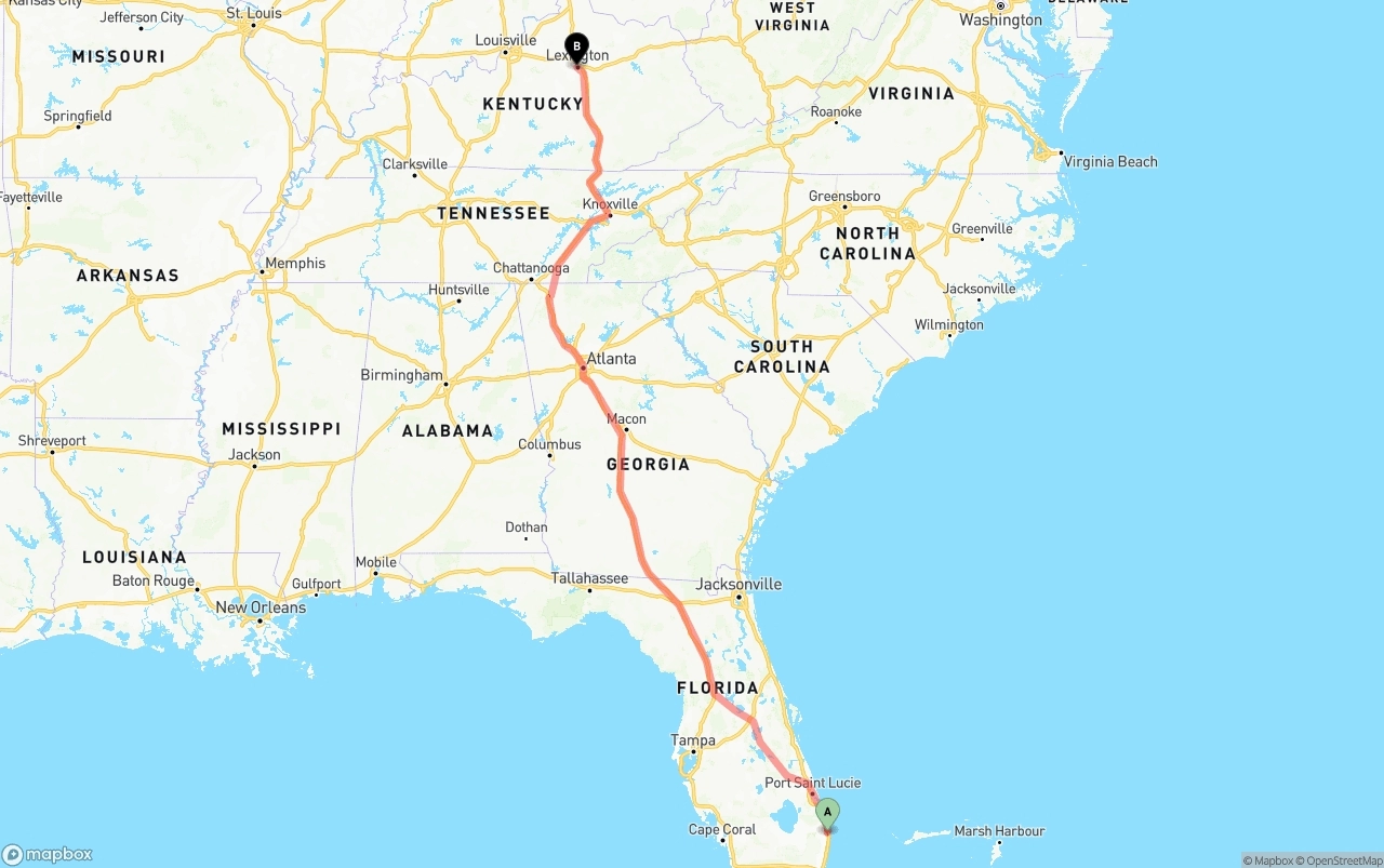 Shipping route from Palm Beach International Airport to Lexington