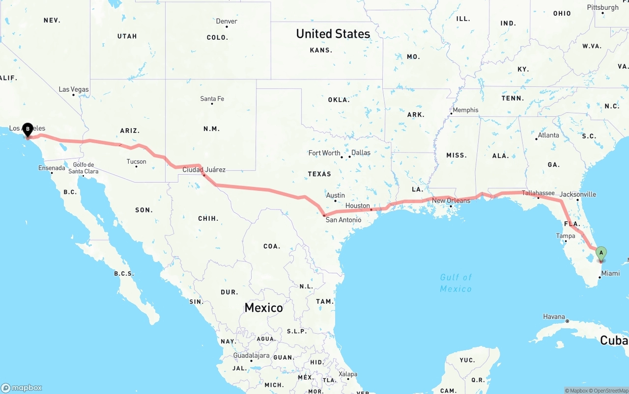 Shipping route from Palm Beach International Airport to Long Beach