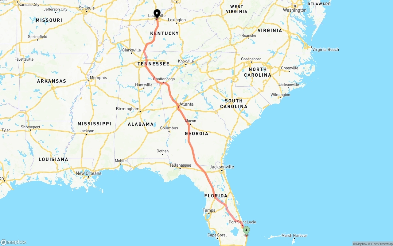 Shipping route from Palm Beach International Airport to Louisville