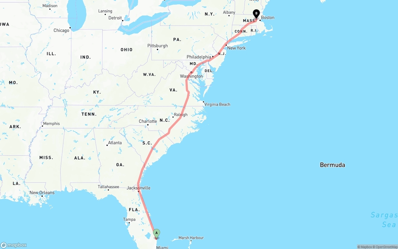 Shipping route from Palm Beach International Airport to Massachusetts