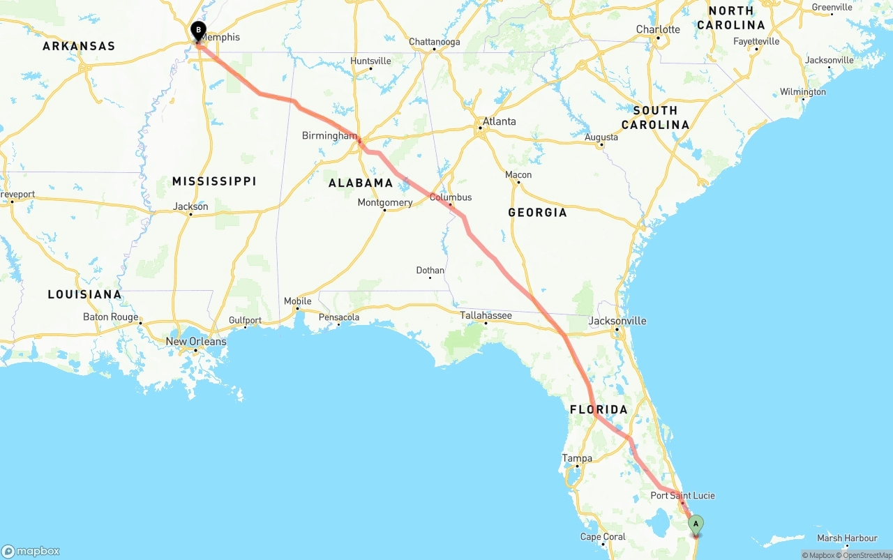 Shipping route from Palm Beach International Airport to Memphis