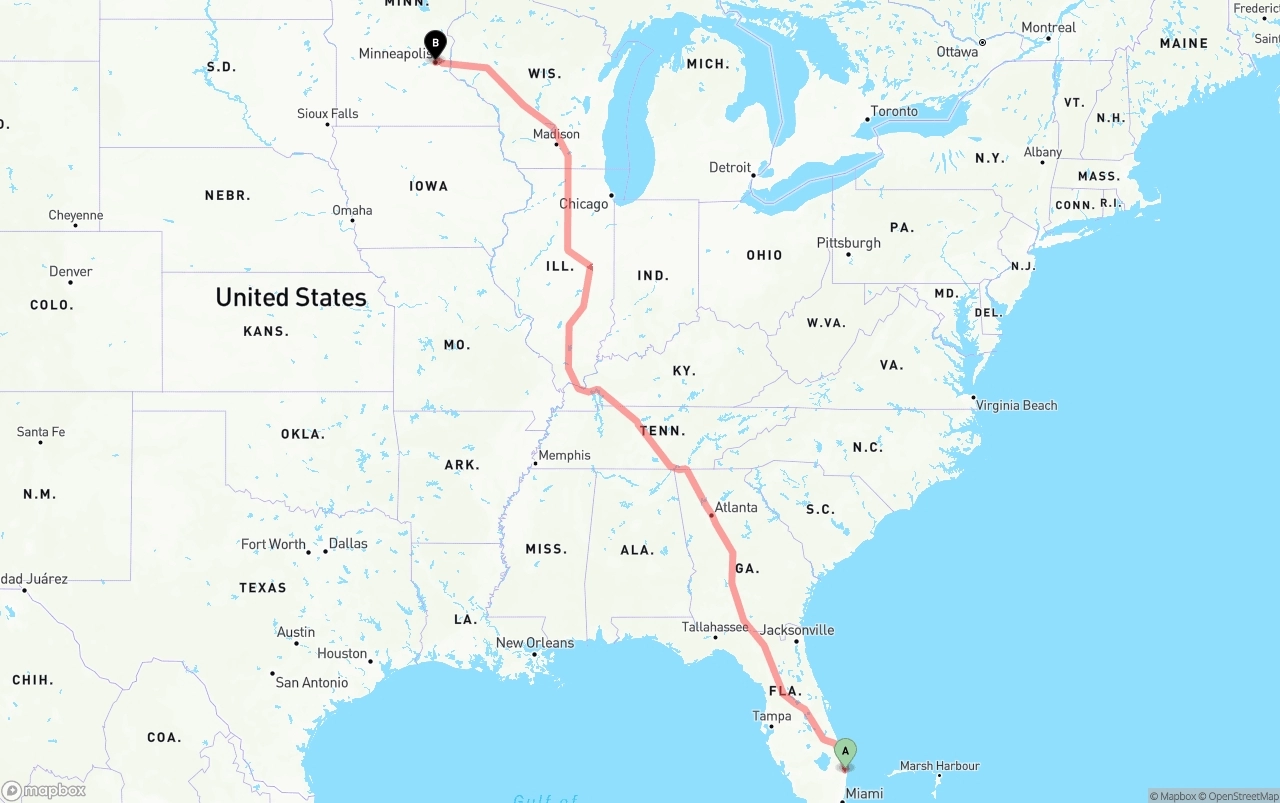 Shipping route from Palm Beach International Airport to Minneapolis