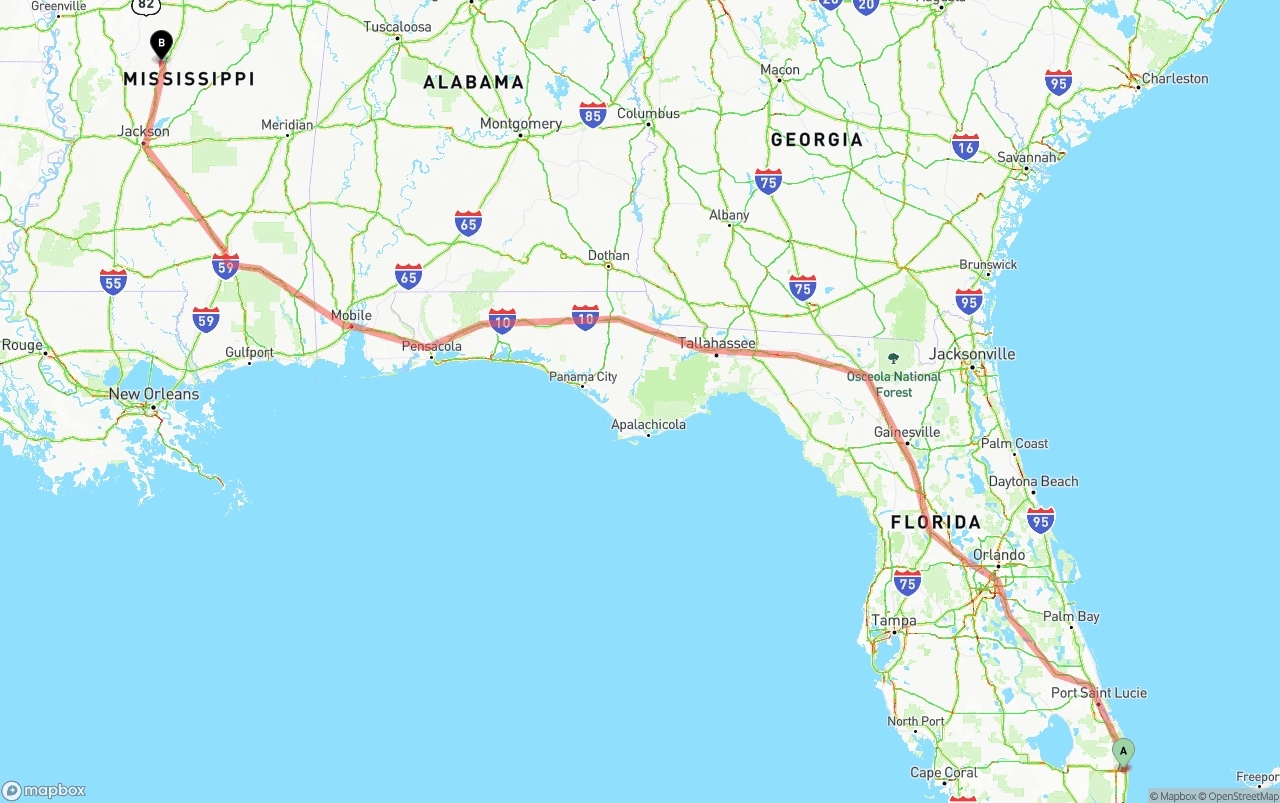 Shipping route from Palm Beach International Airport to Mississippi