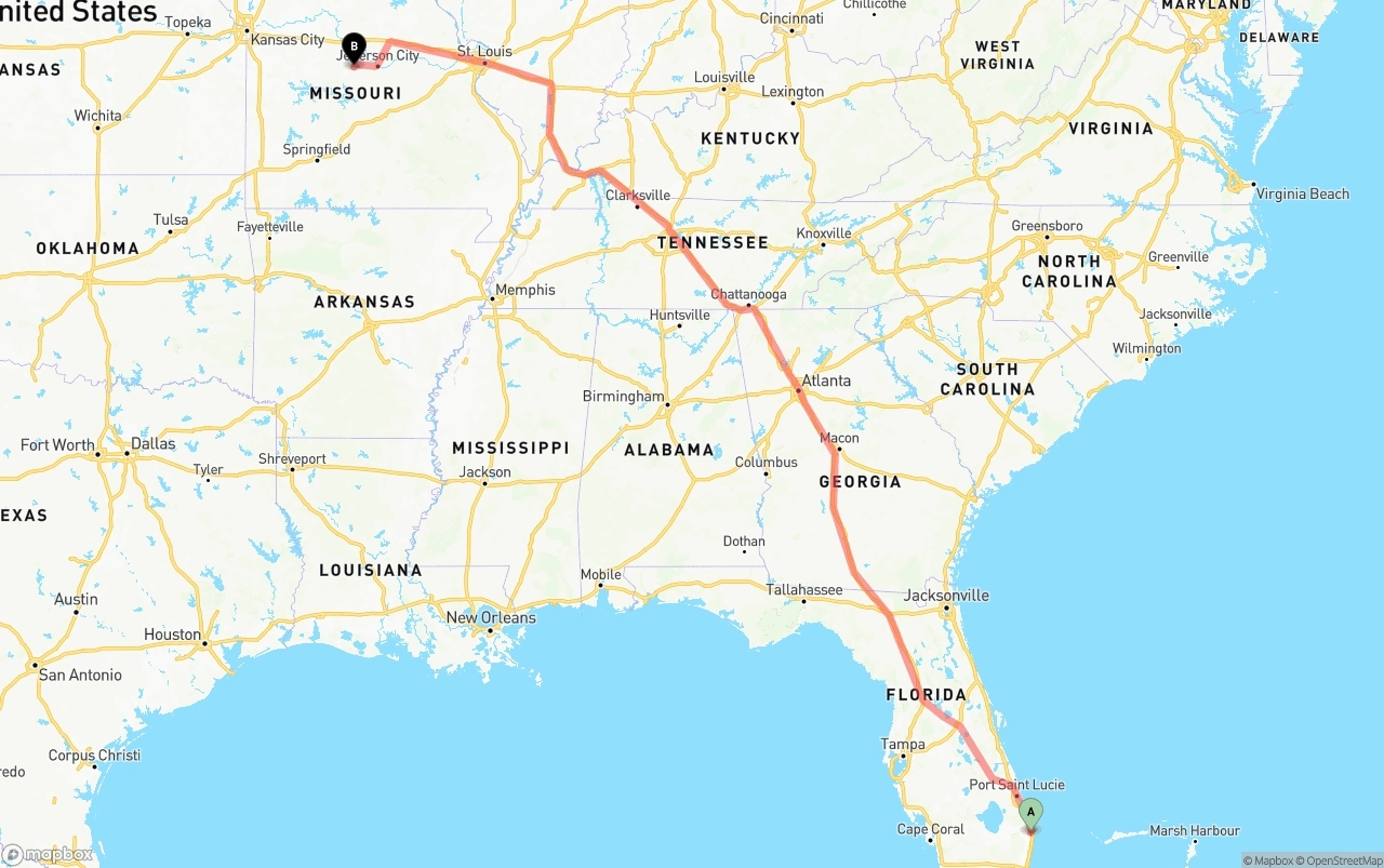 Shipping route from Palm Beach International Airport to Missouri