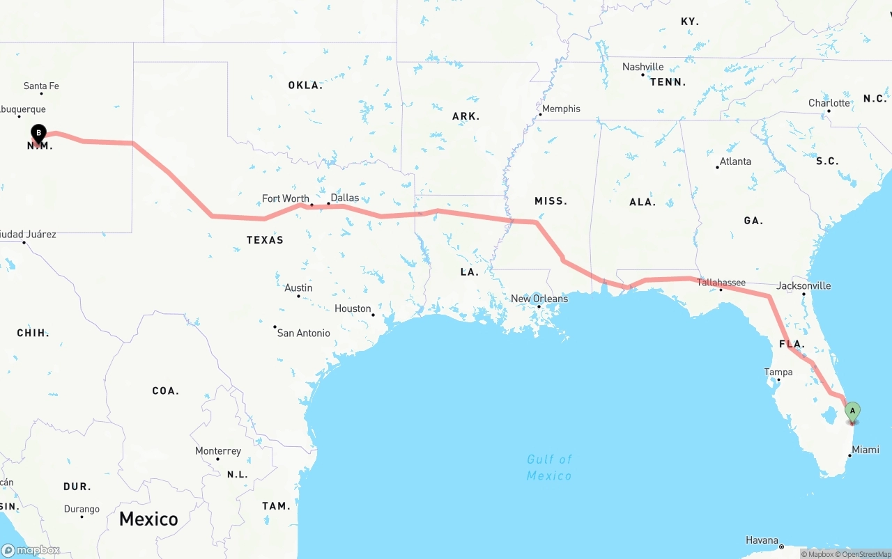 Shipping route from Palm Beach International Airport to New Mexico