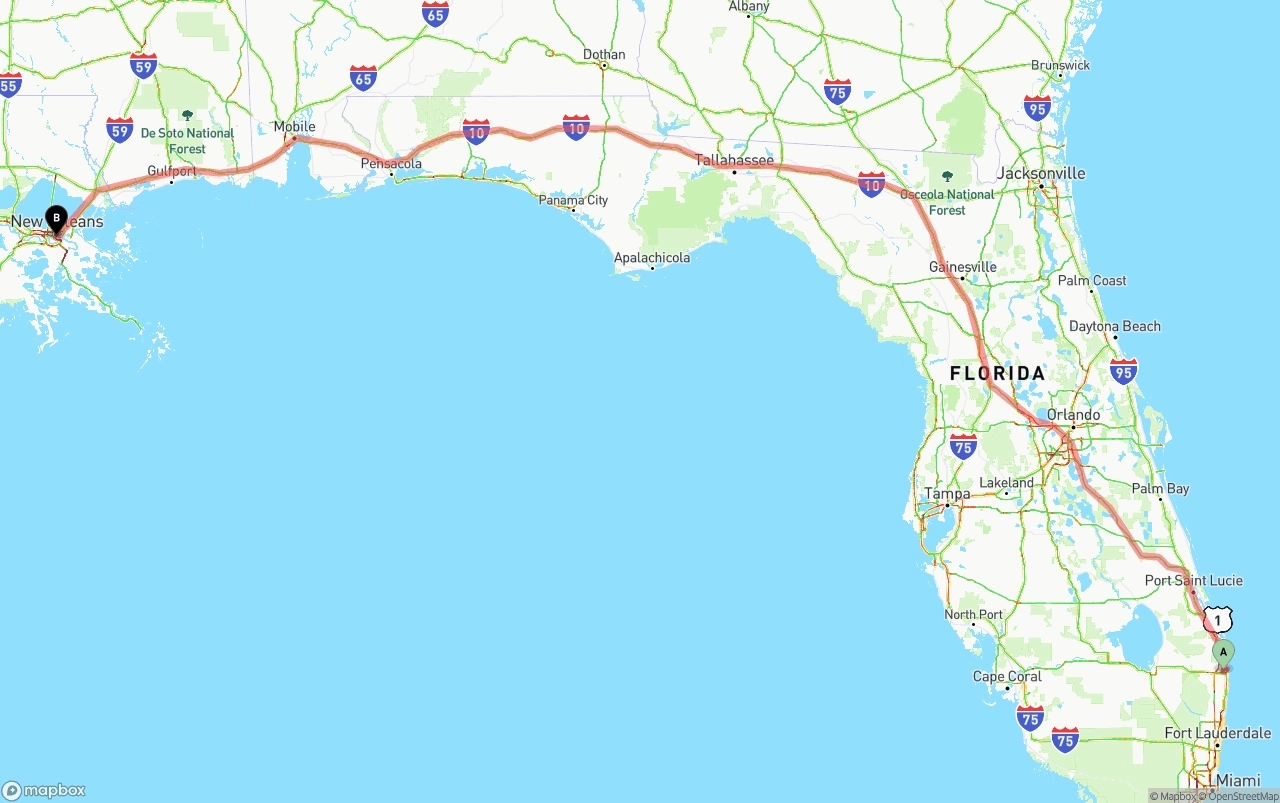 Shipping route from Palm Beach International Airport to New Orleans