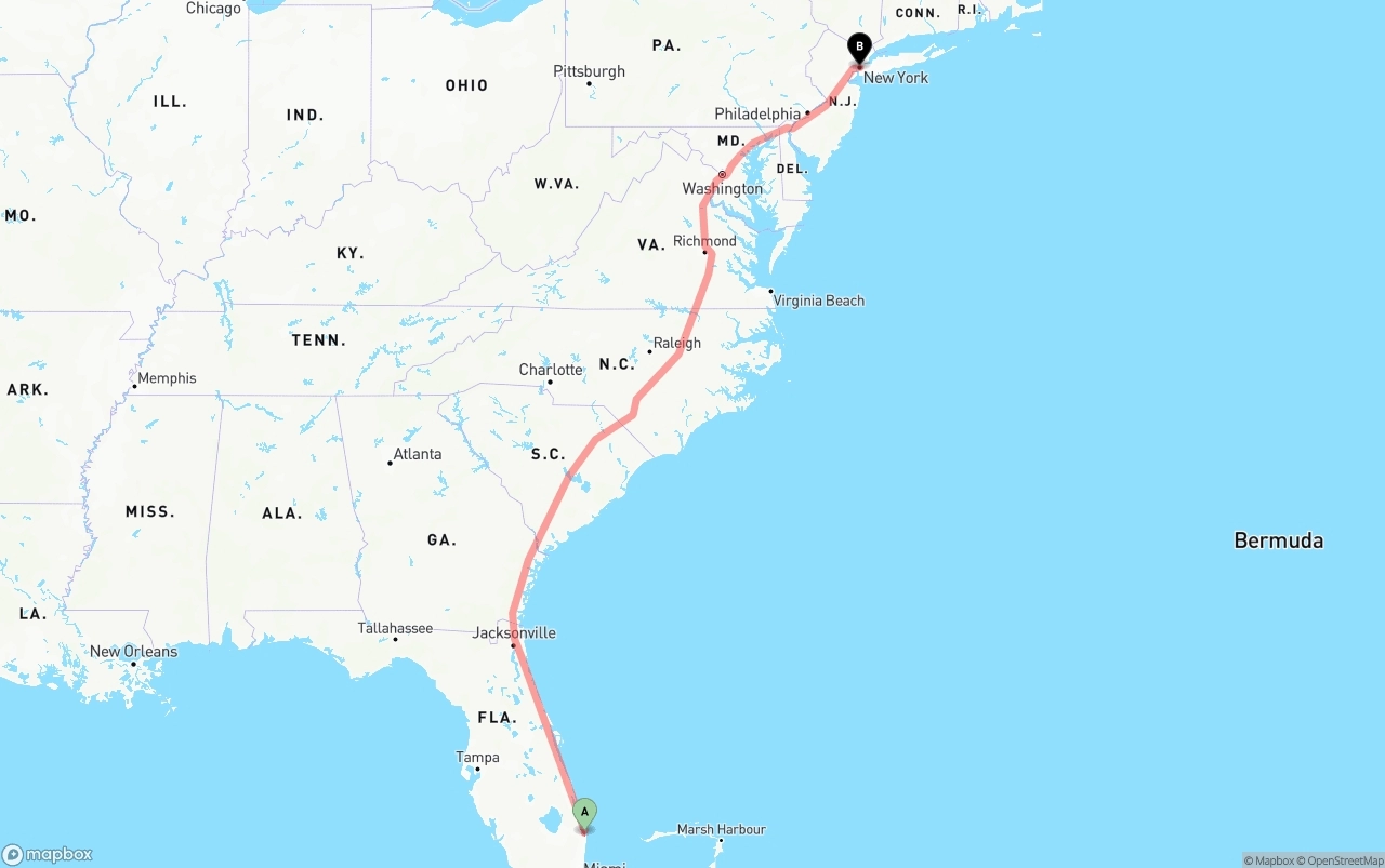Shipping route from Palm Beach International Airport to New York City