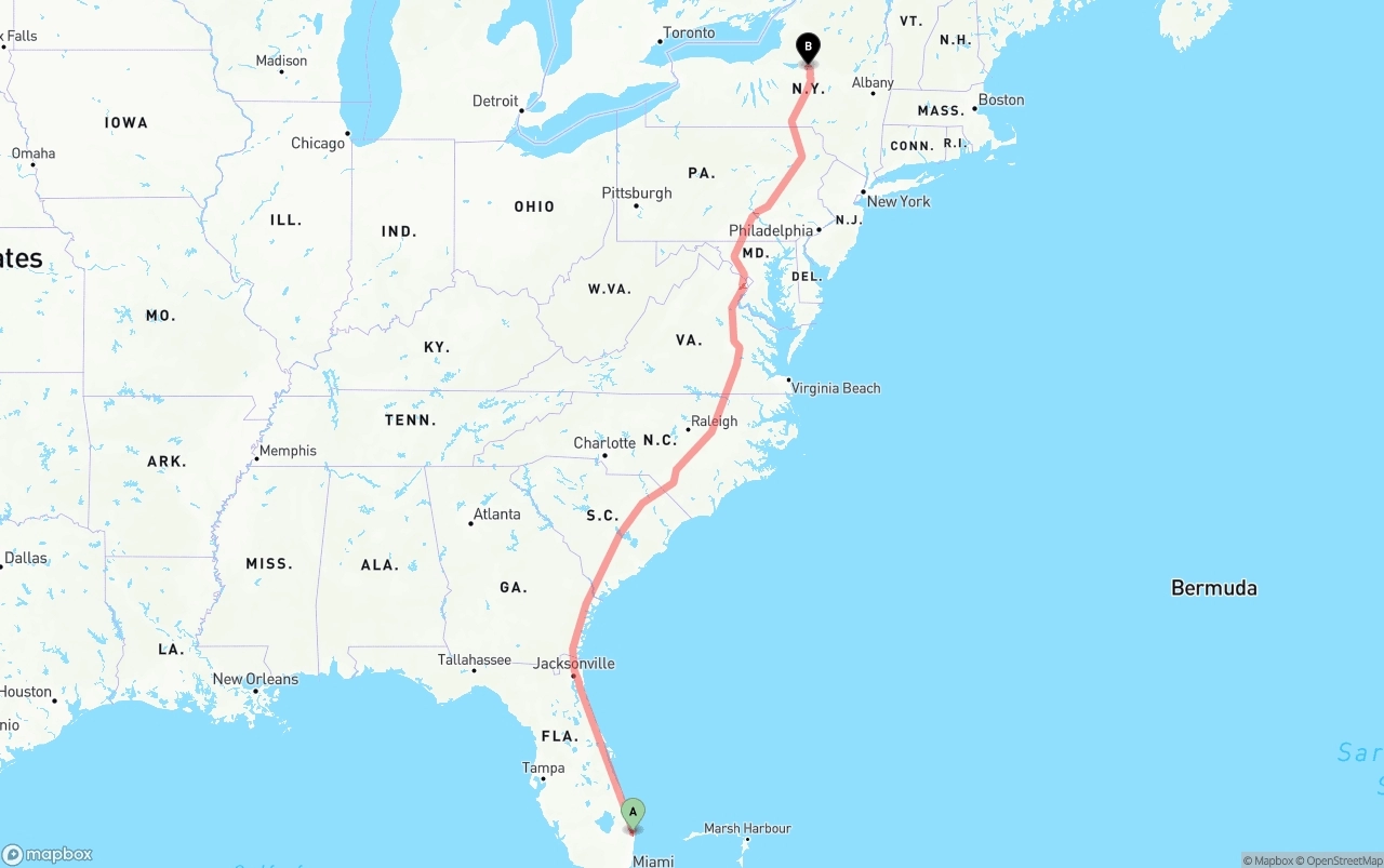 Shipping route from Palm Beach International Airport to New York