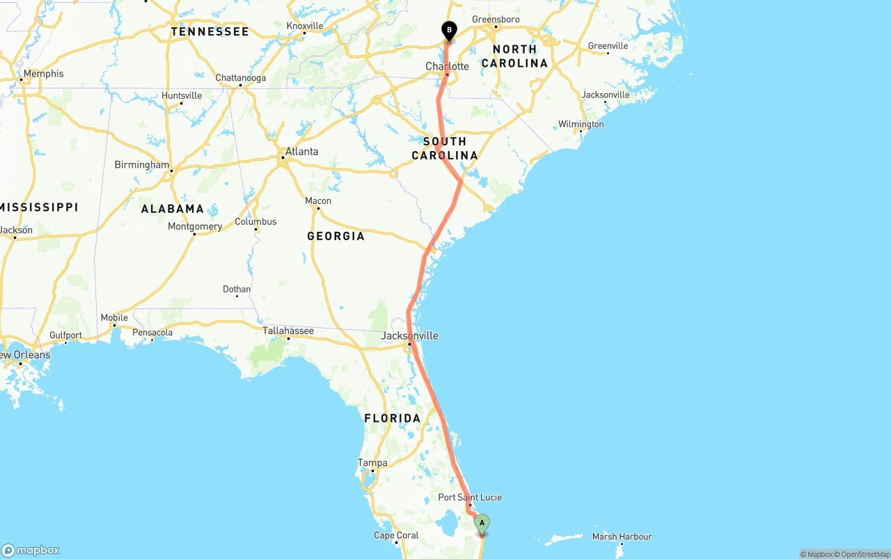 Shipping route from Palm Beach International Airport to North Carolina