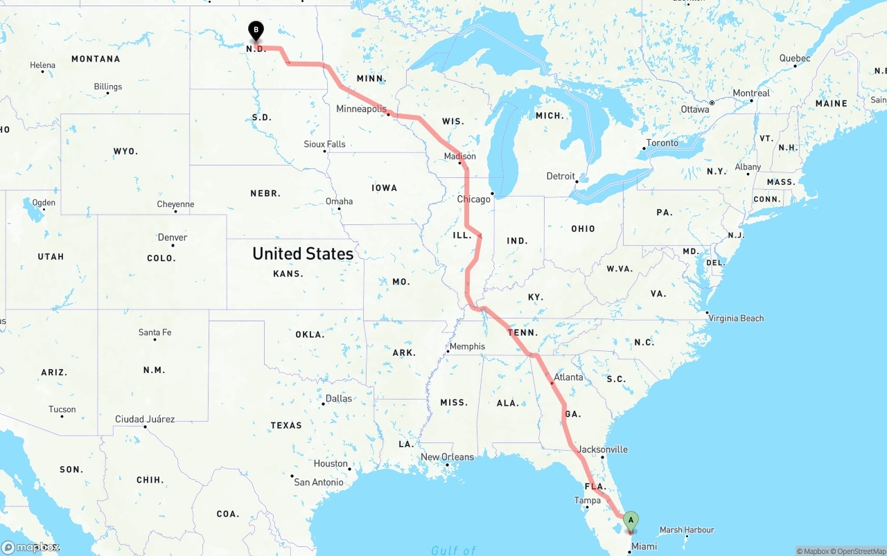 Shipping route from Palm Beach International Airport to North Dakota