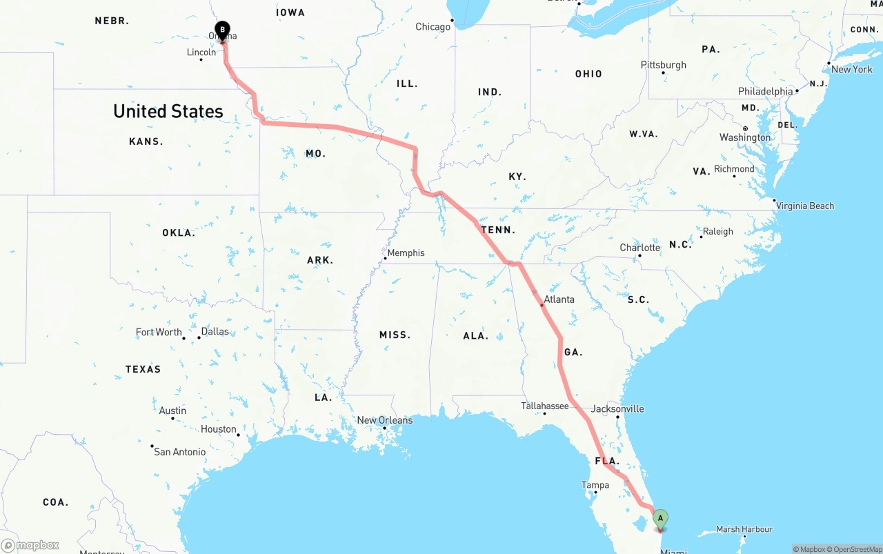 Shipping route from Palm Beach International Airport to Omaha