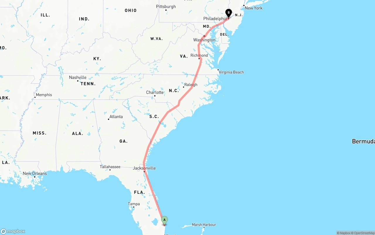 Shipping route from Palm Beach International Airport to Philadelphia