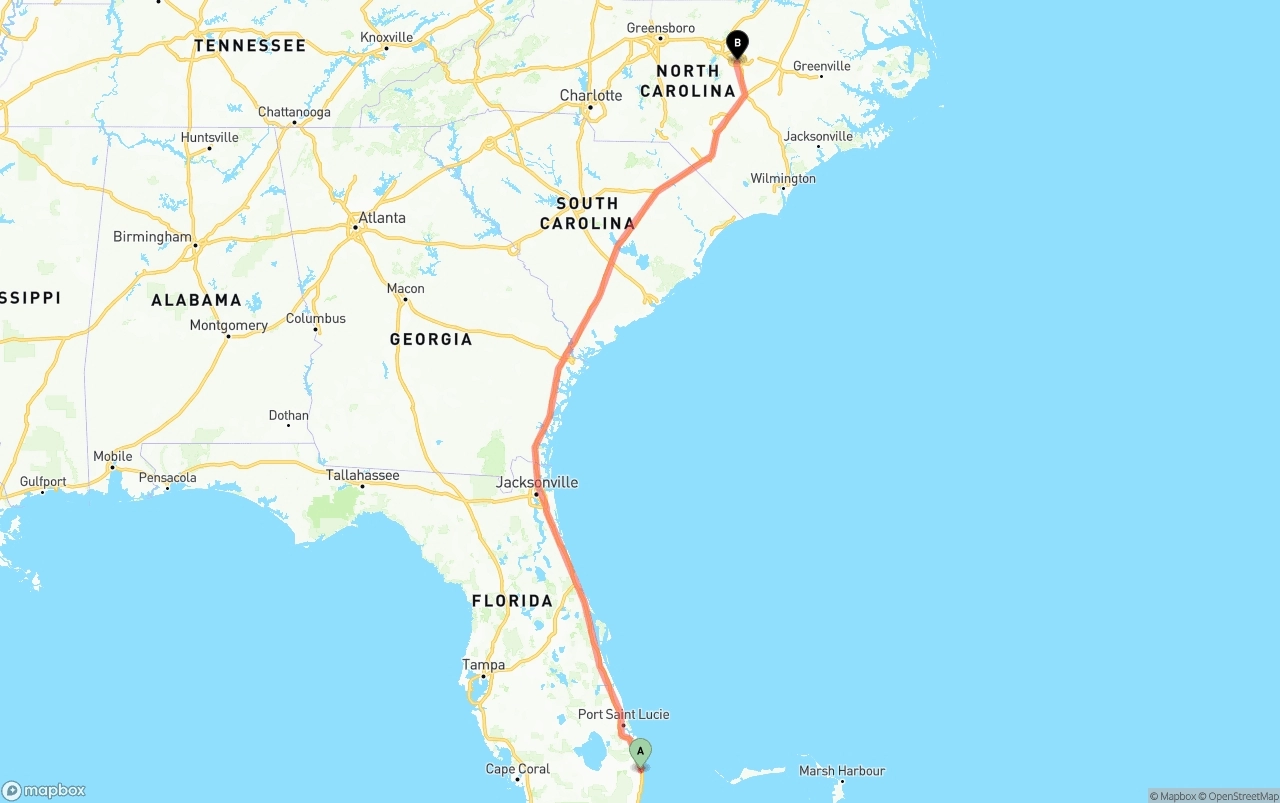 Shipping route from Palm Beach International Airport to Raleigh