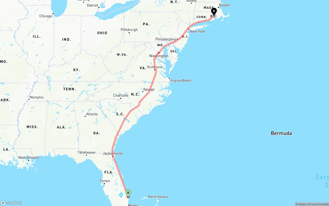 Shipping route from Palm Beach International Airport to Rhode Island