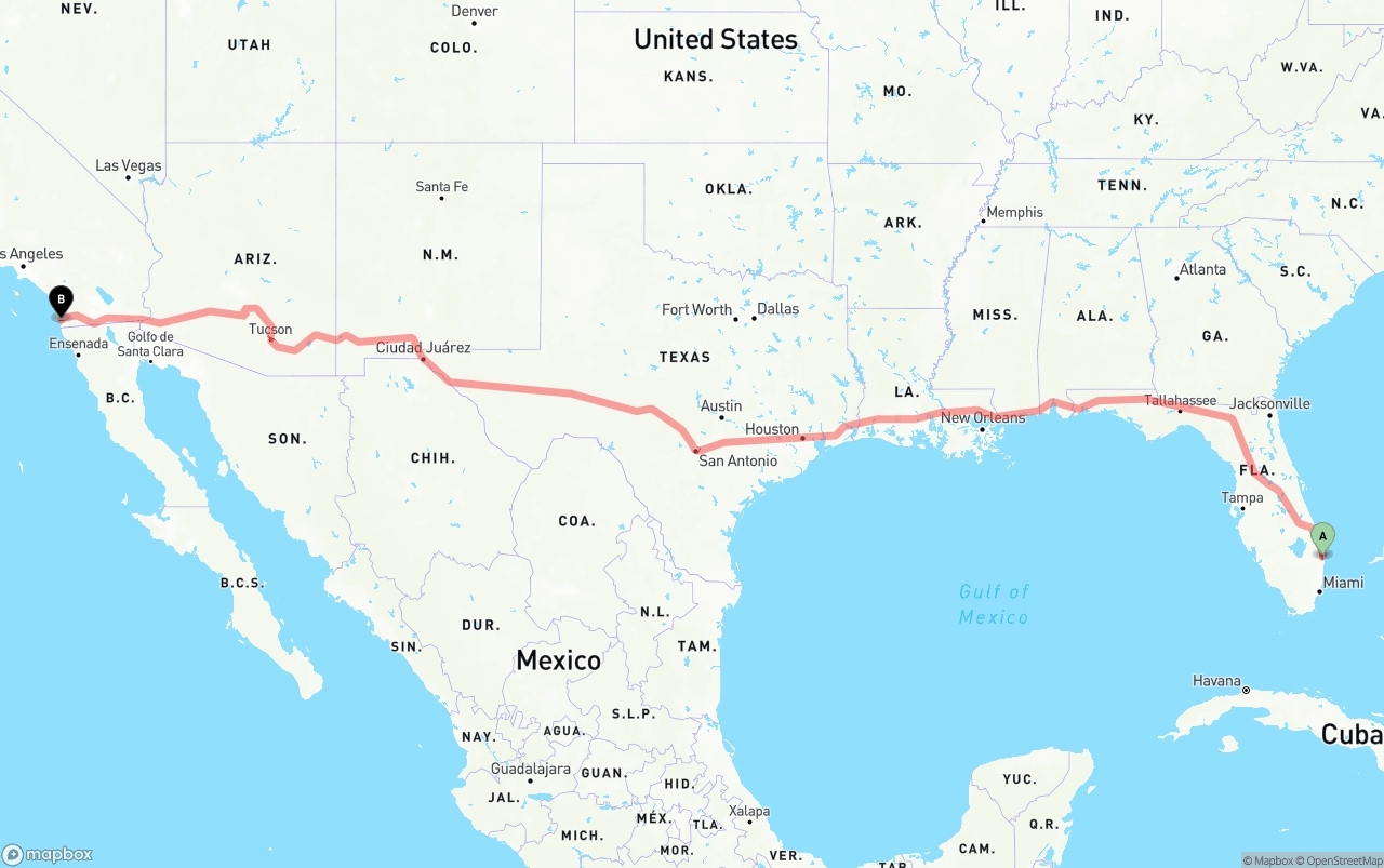 Shipping route from Palm Beach International Airport to San Diego