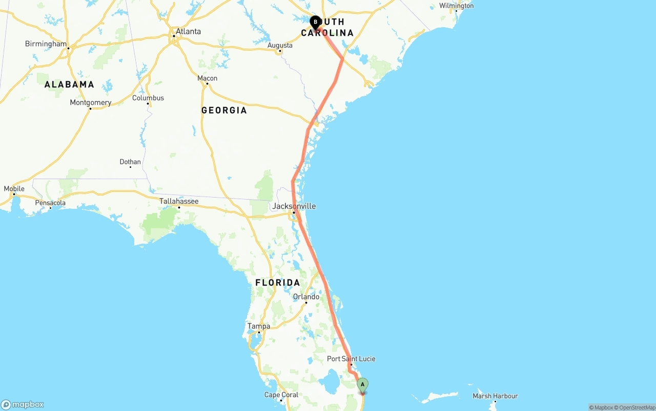 Shipping route from Palm Beach International Airport to South Carolina