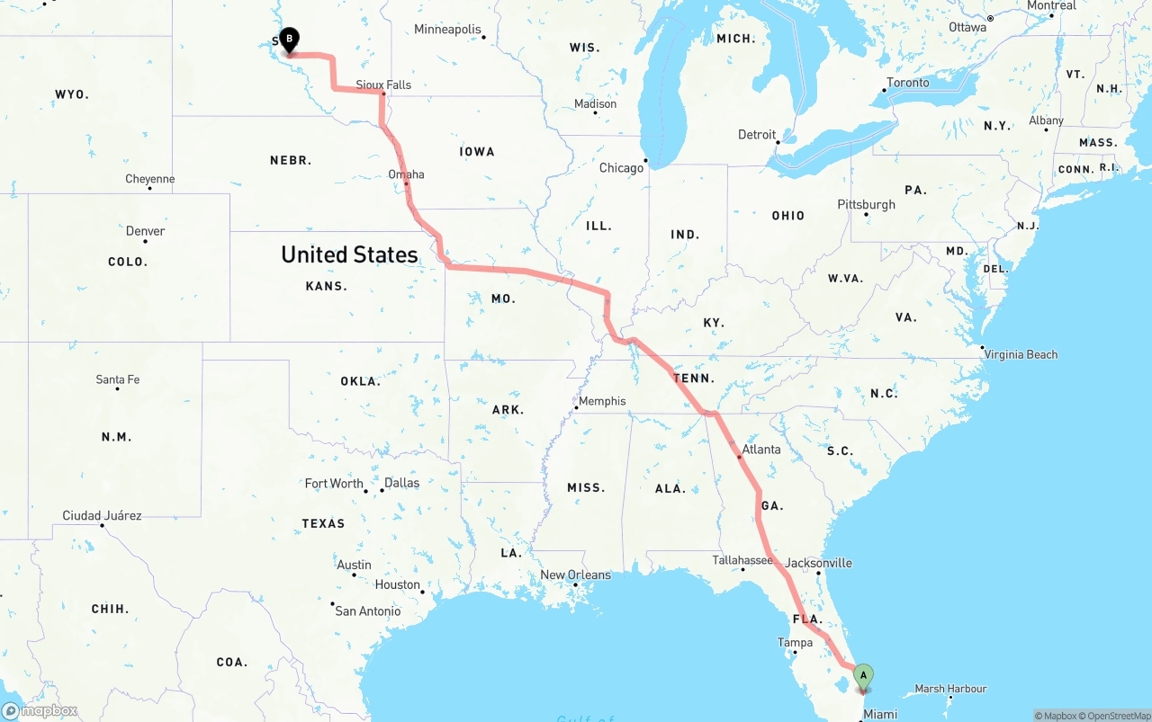 Shipping route from Palm Beach International Airport to South Dakota