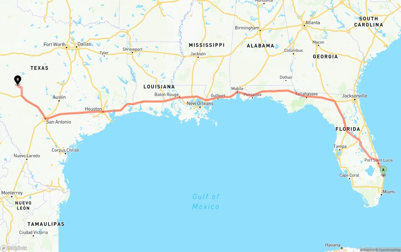 Shipping route from Palm Beach International Airport to Texas