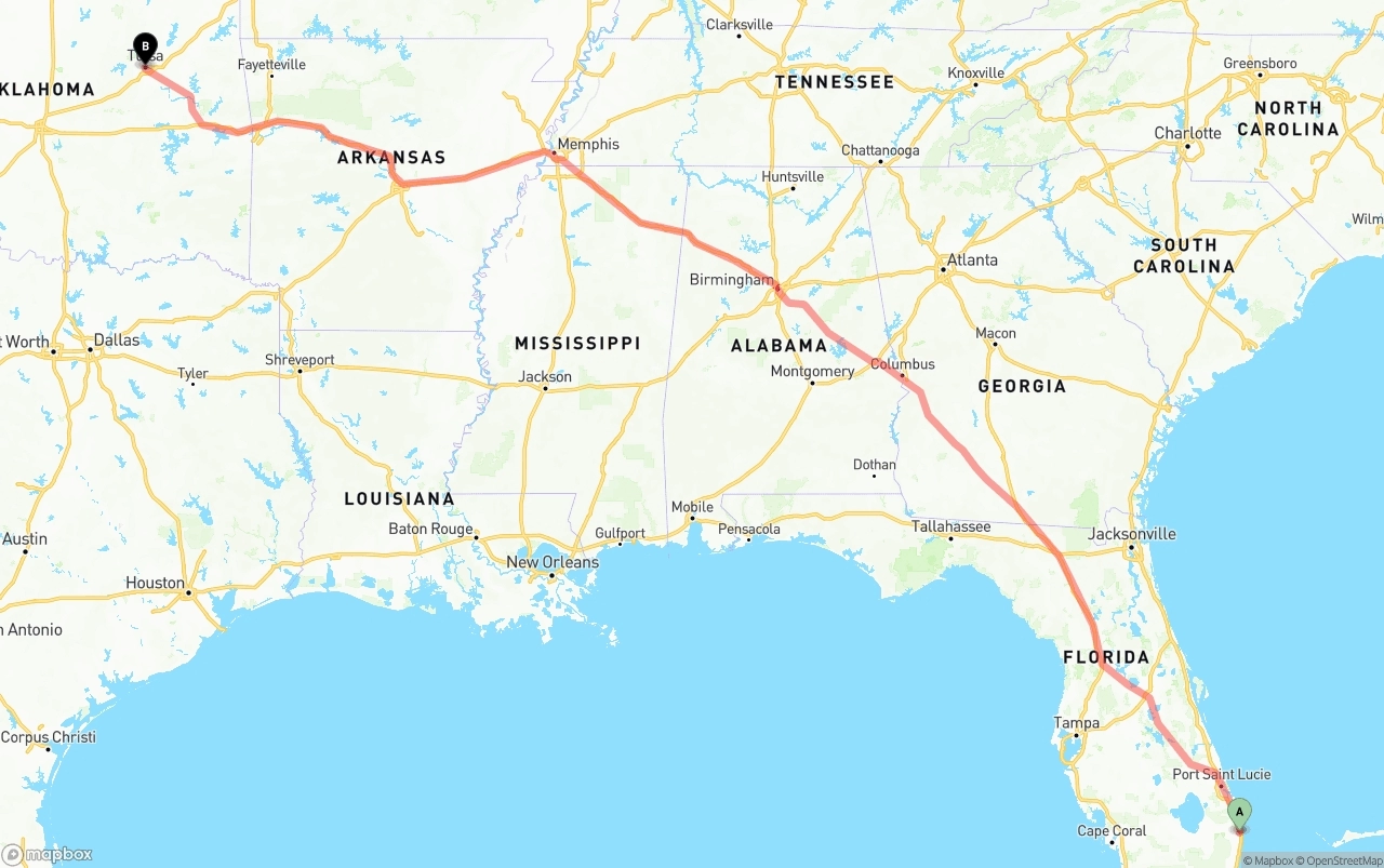 Shipping route from Palm Beach International Airport to Tulsa