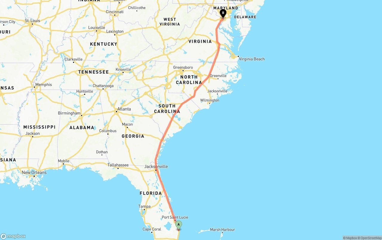 Shipping route from Palm Beach International Airport to Washington D.C.