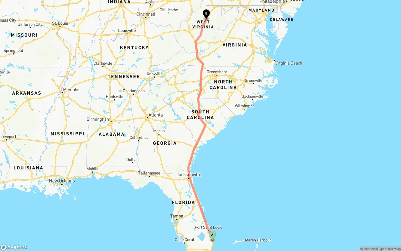 Shipping route from Palm Beach International Airport to West Virginia