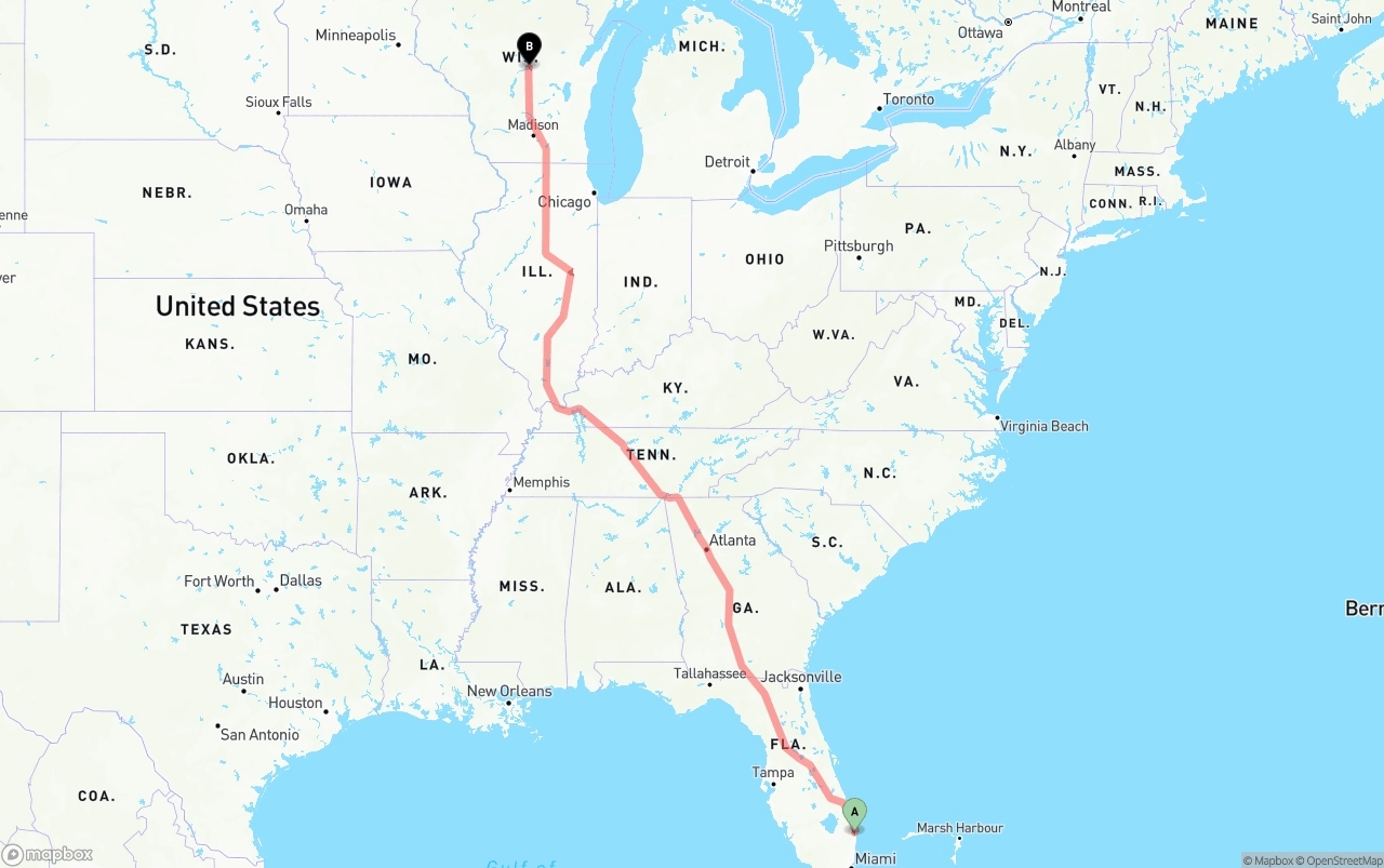 Shipping route from Palm Beach International Airport to Wisconsin