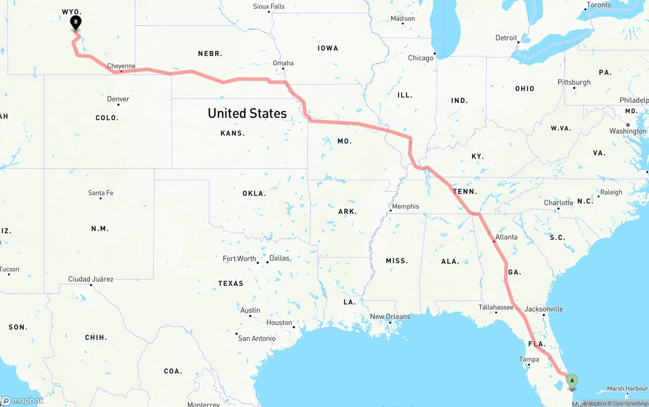 Shipping route from Palm Beach International Airport to Wyoming