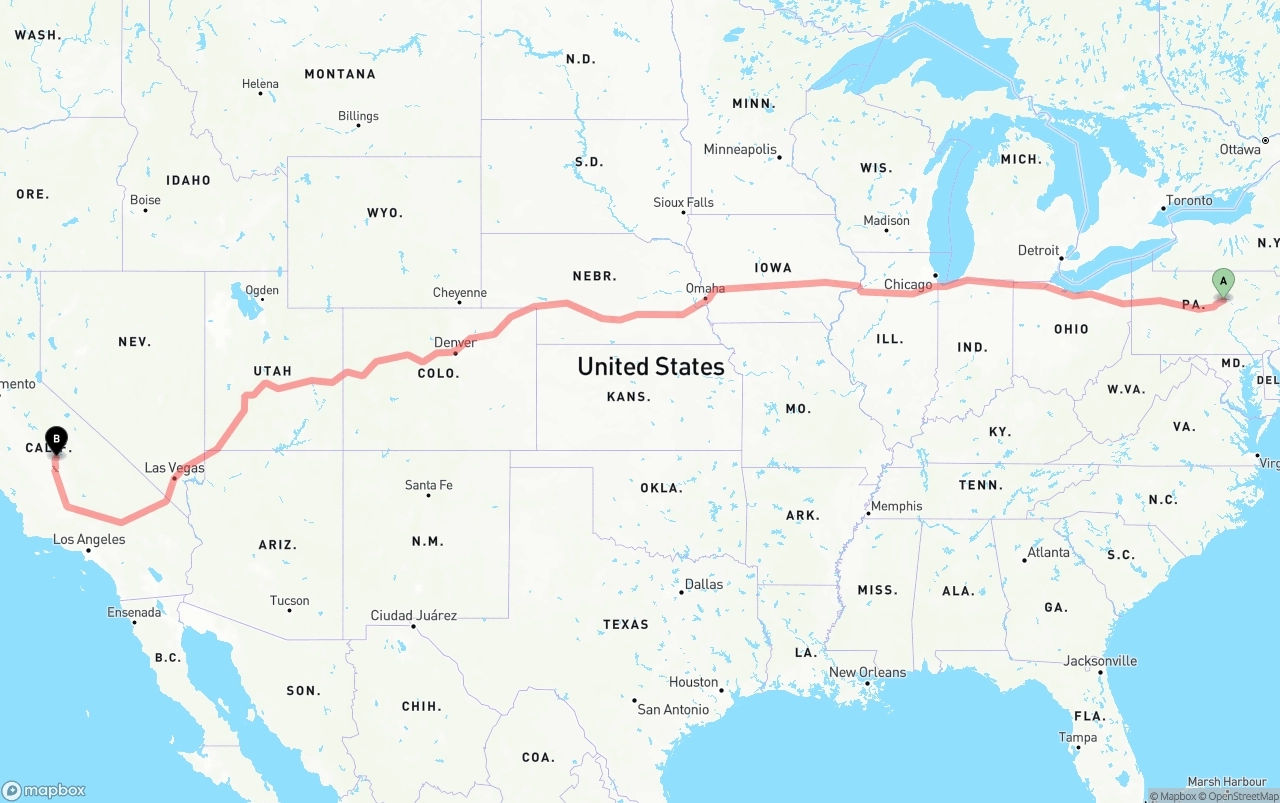 Shipping route from Pennsylvania to California