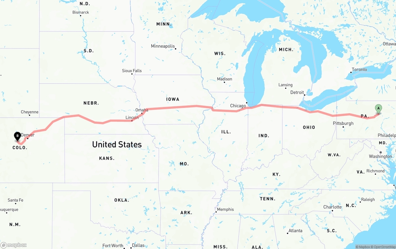 Shipping route from Pennsylvania to Colorado